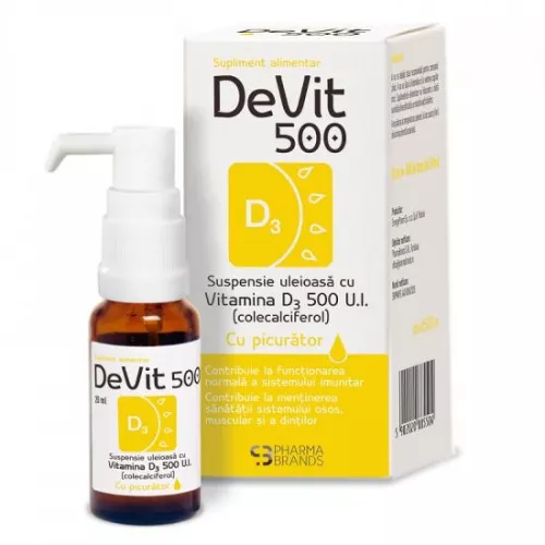 DeVit 500 suspensie uleioasa cu Vitamina D3 500UI (picurator), 20 ml, Pharma Brands