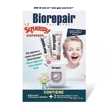 Pachet Dispenser de perete + Pasta de dinti Biorepair Kids 0-6 ani, 2x50ml, Coswell