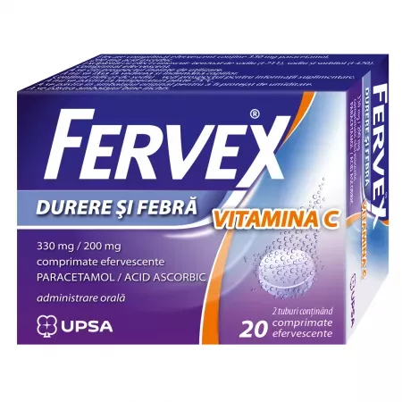 Fervex Durere si Febra Vitamina C, 330mg/ 200mg, 20 comprimate efervescente, Upsa