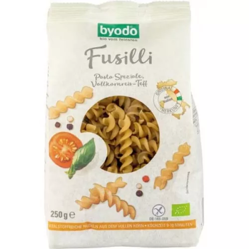 Fusilli Teff bio din orez integral si faina fara gluten, 250g, Byodo