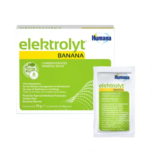 Elektrolyt cu aroma de banane, 75g, 12 plicuri, Humana