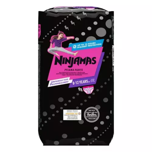 Scutece-chilotel pentru noapte Pampers Ninjamas pentru fetite, 8-12 ani, 27-43 kg, 9 bucati, P&G