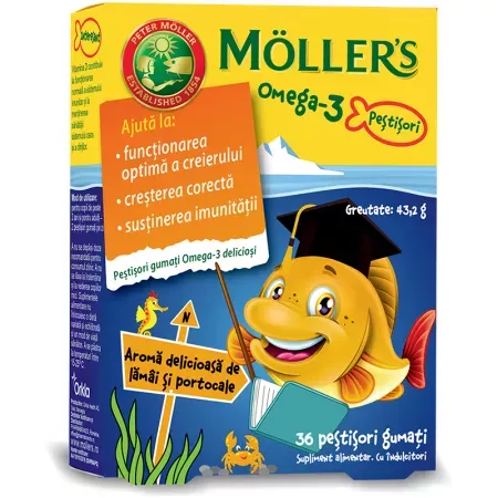 Pestisori gumati Omega-3 cu aroma de lamai si portocale, 36 jeleuri, Moller's