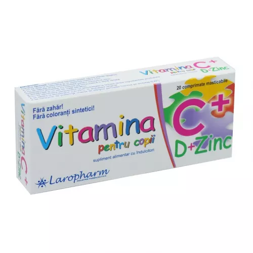 Vitamina C+D+Zinc pentru copii, 20 comprimate masticabile, Laropharm