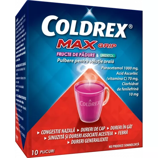 Coldrex Max Grip cu fructe de pădure și mentol, 10 plicuri, Omega Pharma