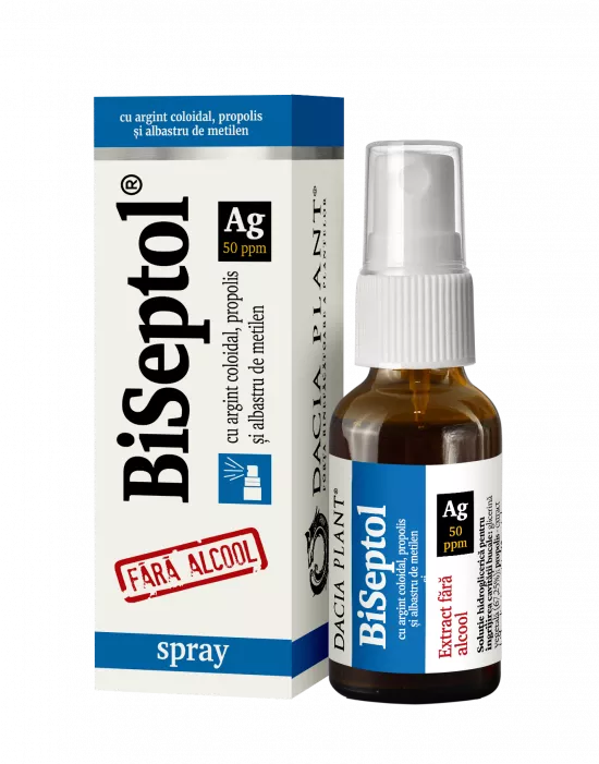 BiSeptol spray 20 ml cu propolis, albastru de metilen si argint coloidal, fara alcool, Dacia Plant