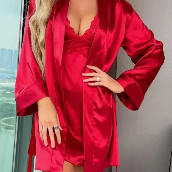 Lenjerie - Set pijama rochie de noapte și halat din satin, edera.ro