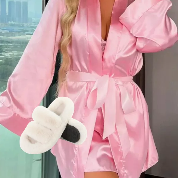 CADOURI - Set pijama satin roz (rochie + halat) + papuci pufoși, edera.ro