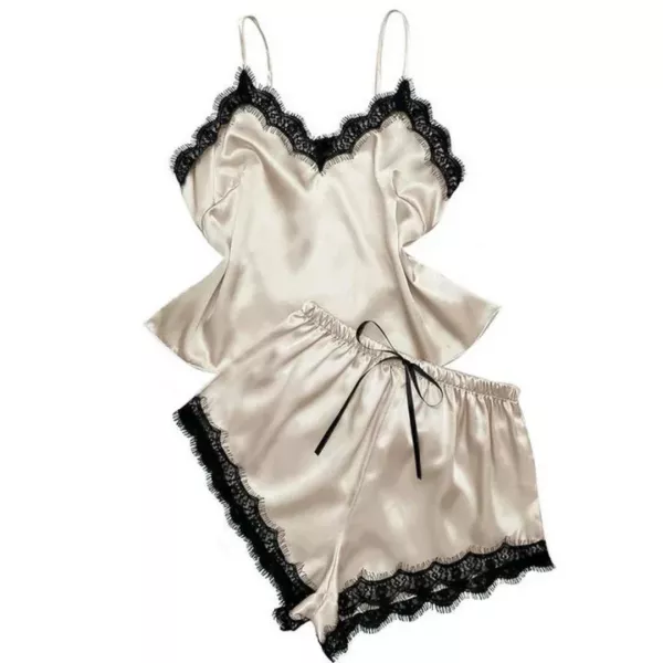 Lenjerie intimă femei - Set pijamale maiou și pantalon scurt din satin cu detalii dantelă, edera.ro