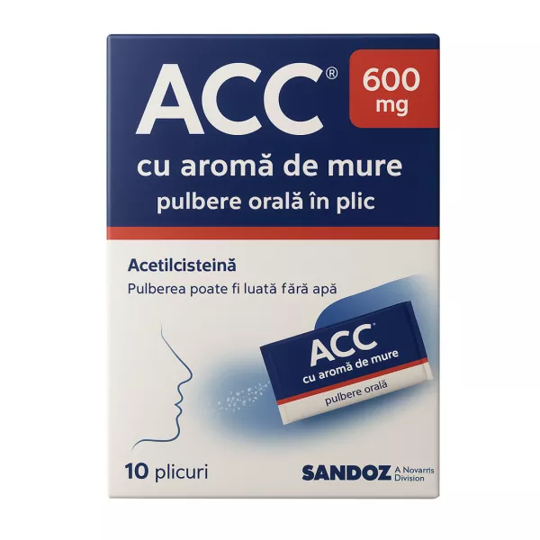 ACC cu aroma de mure 600 mg, 10 plicuri, pulbere orala, Sandoz