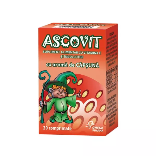 Ascovit cu vitamina C si indulcitor cu aroma de capsuni, 20 comprimate, Omega Pharma