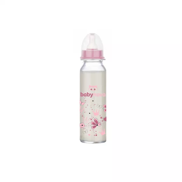 Biberon din sticla decorat 0-24 luni, fata, 240 ml, 43706, Baby nova