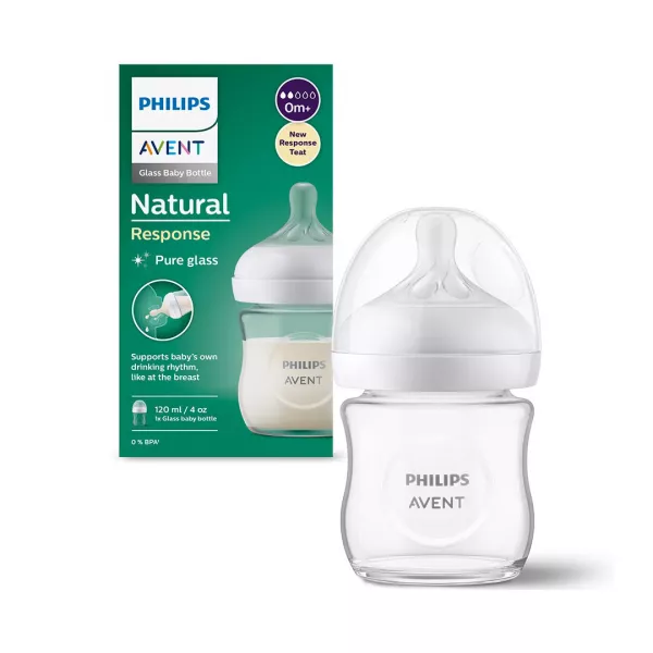 Biberon din sticla Philips Avent Natural Response SCY930/01, 120 ml, tetina care functioneaza ca sanul mamei, cu debit 2, tetina fara scurgeri, +0 luni, fara BPA, usor de curatat
