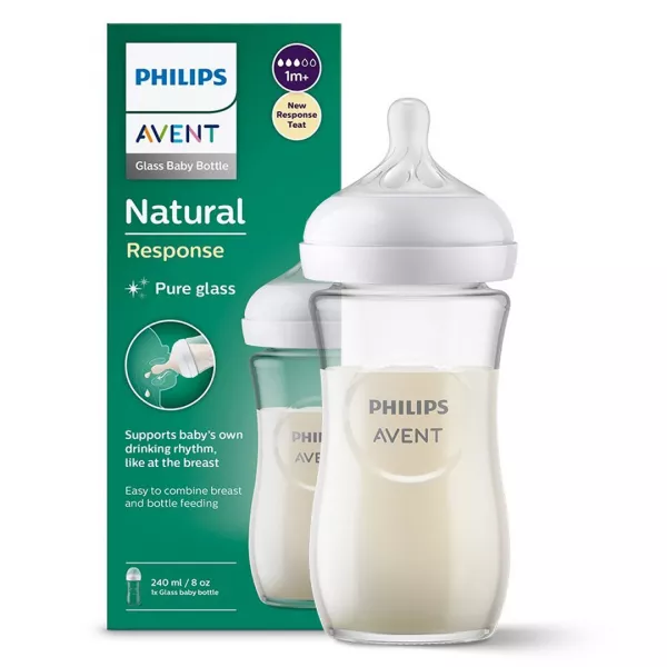 Biberon din sticla Philips Avent Natural Response, tetina cu debit mediu, 1 luna+, SCY933/01, 240 ml, Philips