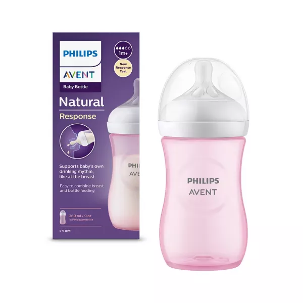 Biberon Philips Avent Natural Response SCY903/11, 260 ml, tetina care functioneaza ca sanul mamei, cu debit 3, tetina fara scurgeri, +1 luni, fara BPA, usor de curatat, roz