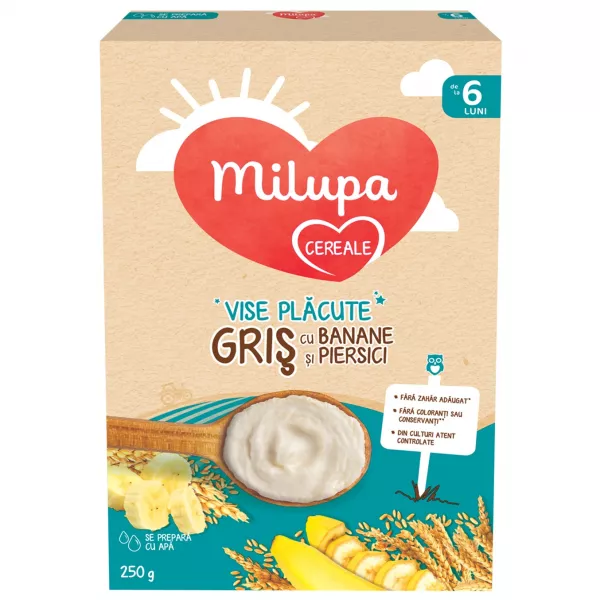 Cadou: Cereale Milupa Gris cu Banana si Piersica, 250 g, de la 8 luni 