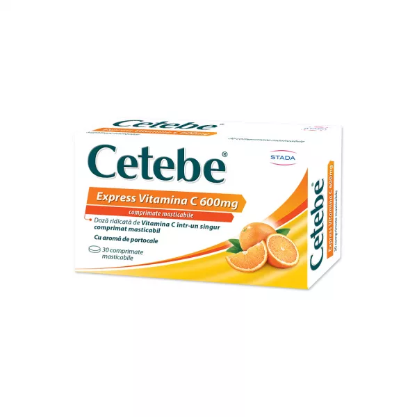 Cetebe Express Vitamina C 600 mg aroma portocale, 30 comprimate masticabile, Stada