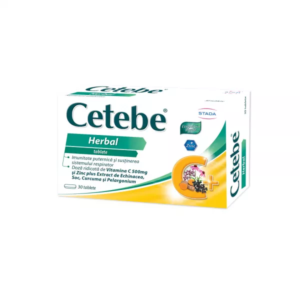 Cetebe Herbal Vitamina C 500 mg, Zinc, Extras Echinacea, Soc Curcuma si Pelagonium, 30 tablete, Stada