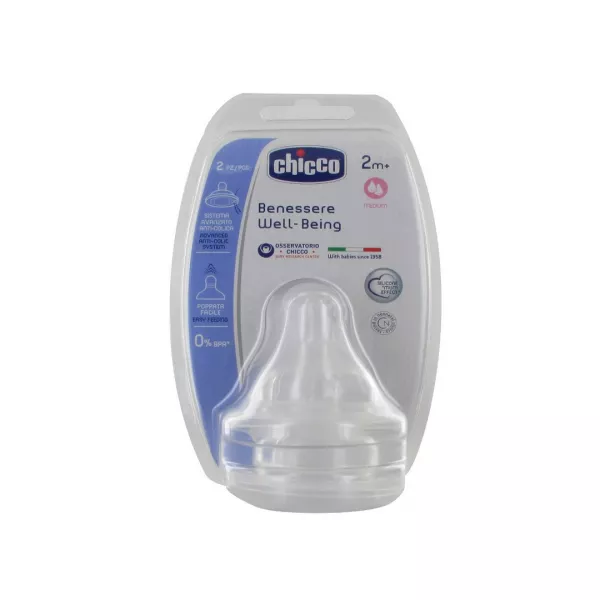 Tetina din silicon flux mediu cu sistem anticolici, 2 luni+, 2 buc, 20823, Chicco
