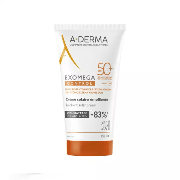 Crema emolienta cu protectie solara SPF50+ pentru pielea sensibila Exomega Control, 150 ml, A-derma