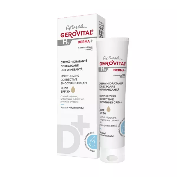 Crema hidratanta corectoare uniformizanta nuanta Nude cu factor de protectie SPF 30 H3 Derma+, 30 ml, Gerovital