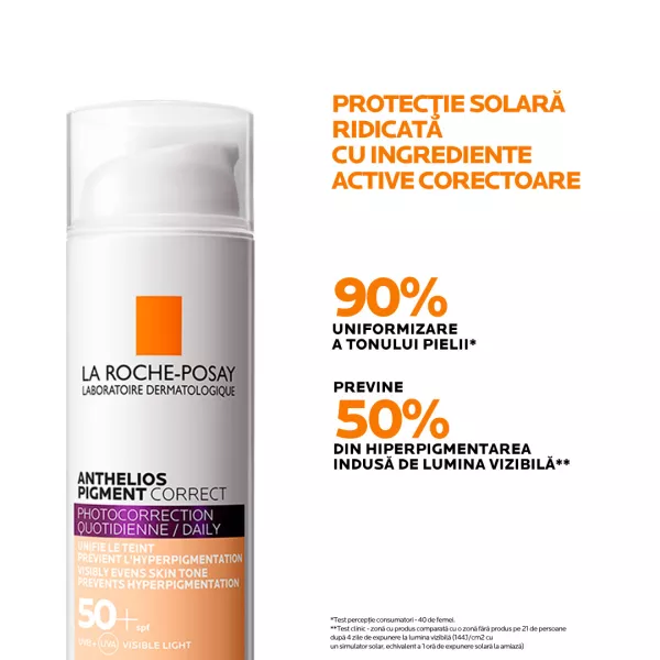 Crema protectie solara SPF 50+ cu pigment de culoare pentru fata Anthelios Pigment Correct, 50 ml, La Roche-Posay