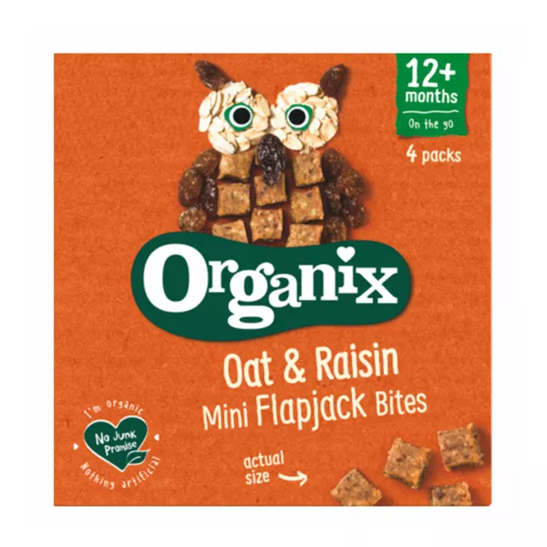 Cubulete Bio din ovaz integral si stafide Flapjack, +12 luni, 4x12g, Organix