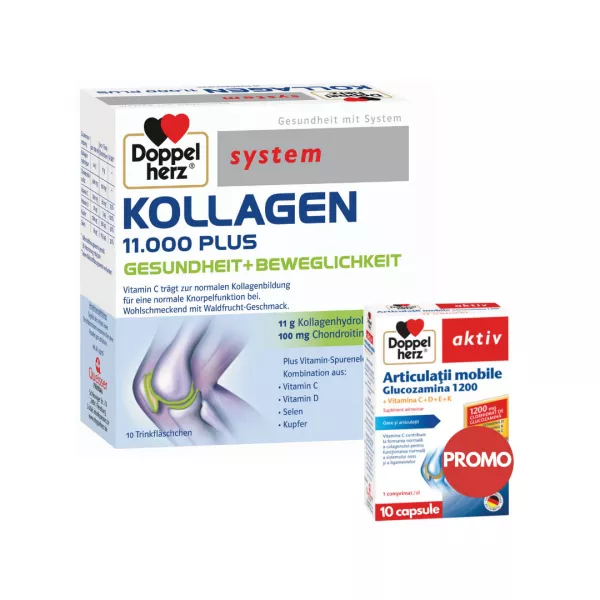 Pachet: Kollagen 11.000 plus, 10 flacoane unidoza + Articulatii mobile Glucozamina 1200, 10 comprimate, Doppelherz