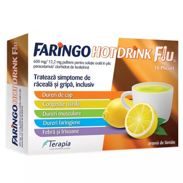 Faringo Hot Drink Flu, 600 mg+ 12,2 mg, 10 plicuri, Fiterman Pharma