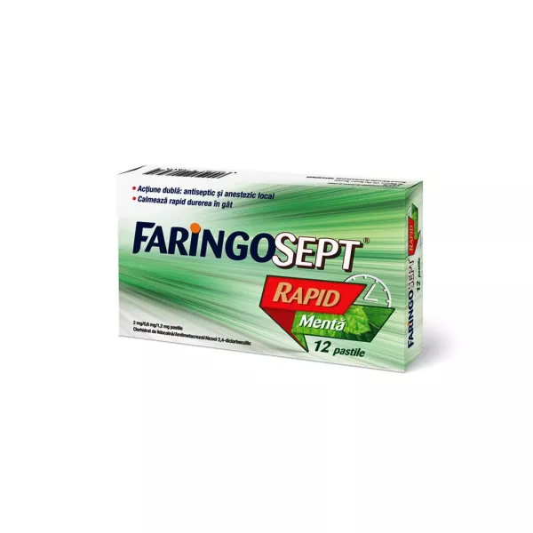 Faringosept Rapid cu aroma de menta, 12 pastile, Terapia 