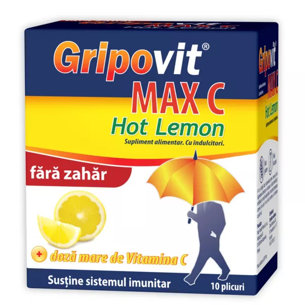 Gripovit Max C Hot Lemon fara zahar, 10 plicuri, Zdrovit