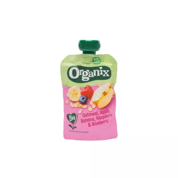 Gustare Ecologica cu ovaz, mere, banane, zmeura si afine12+, 100 g , Organix