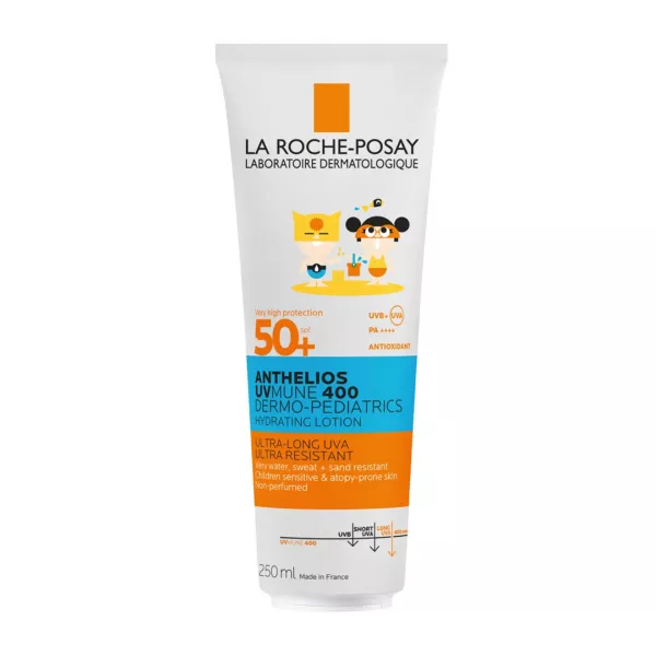Lapte hidratant cu protectie solara potrivit pentru pielea sensibila a copiilor Anthelios UVMUNE 400 Dermo-Pediatrics Lotiune Hidratanta SPF50+, 250 ml, La Roche Posay