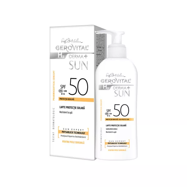 Lapte pentru protectie solara cu SPF 50 H3 Derma+ Sun, 150 ml, Gerovital