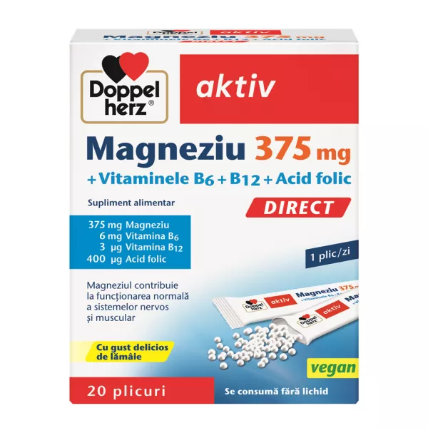 Magneziu 375 mg Direct + Vitaminele B6 + B12 + Acid folic, 20 plicuri, Doppelherz