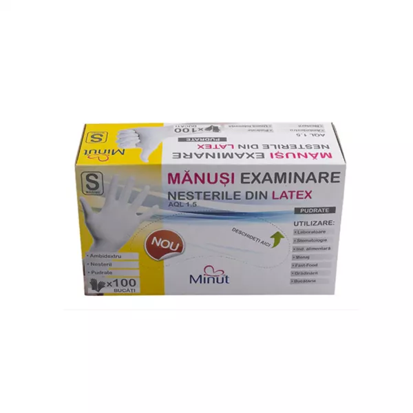 Manusi din latex de unica folosinta, pudrate, Marimea S, 100 bucati, Minut