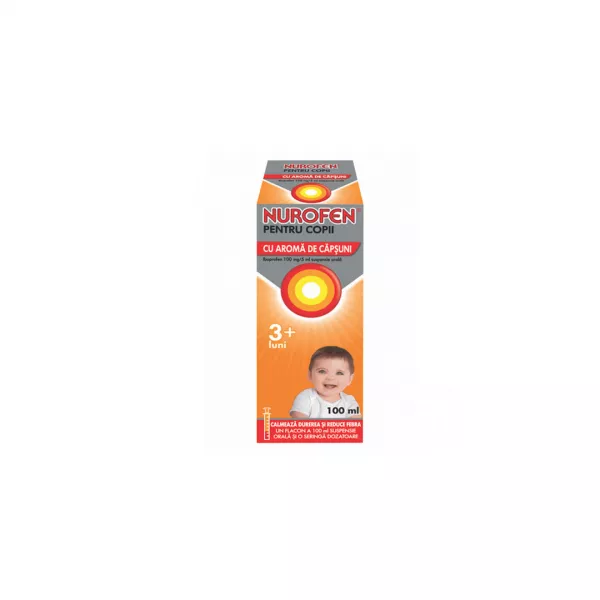 Nurofen 100mg pentru copii 3 luni aroma de capsuni, 100 ml, Reckitt Benckiser Healthcare