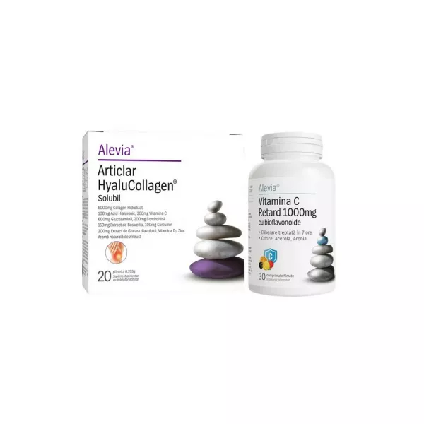 Pachet: Alevia supliment alimentar Articlar Hyalucollagen 20 plicuri si Vitamina C Retard 1000 mg cu bioflavonoide 30 comprimate