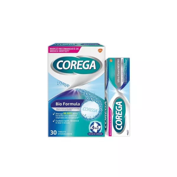 Pachet: Crema adeziva Neutro 40 g + Tablete efervescente Bio Formula, 30 bucati, Corega