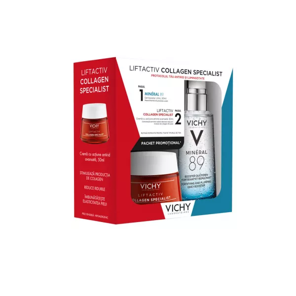 Pachet: Crema antirid  Liftactiv Collagen Specialist pentru toate tipurile de ten, 50 ml + Gel-booster zilnic Mineral 89 cu efect de hidratare, fortifiere si reumplere, cu acid hialuronic, 50 ml, Vichy