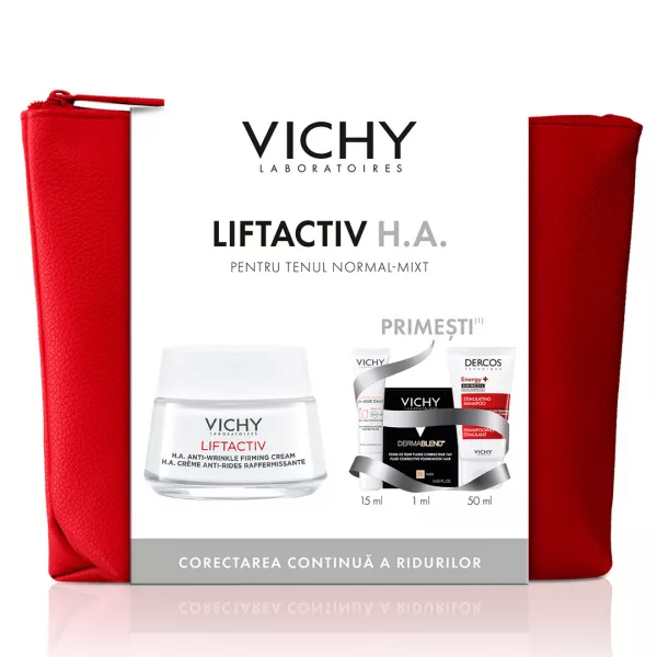 Pachet Crema antirid ten normal-mixt Liftactiv HA, 50 ml + Fluid cu SPF 50+ Capital Soleil, 15 ml + Fond de ten Dermablend, 25 Nude, 1 ml + Sampon Aminexil Dercos, 50 ml, Vichy