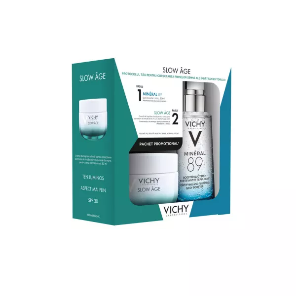 Pachet: Crema antirid zilnic Slow Age zilnic pentru corectarea semnelor de imbatranire in curs de formare SPF30, 50ml + Gel-booster zilnic Mineral 89 cu efect de hidratare, fortifiere si reumplere, cu acid hialuronic, 50 ml, Vichy