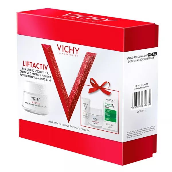 Pachet: Crema de zi antirid Liftactiv HA, 50 ml + Crema de noapte Liftactiv HA, 15 ml + Fluid cu SPF 50+ Capital Soleil, 3 ml + Sampon anti-matreata Dercos, 6 ml, Vichy