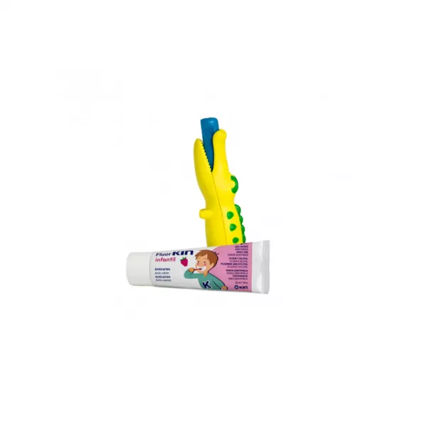 Pachet de calatorie pentru copii cu pasta si periuta de dinti Crocodil, 25 ml, Kin