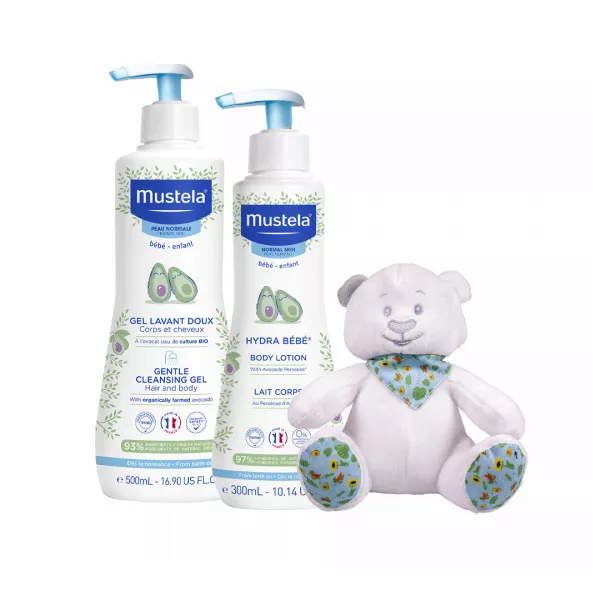 Pachet Gel de curatare delicat pentru par si corp, 500 ml + Lotiune de corp hidratanta, 300 ml + Ursulet, Mustela