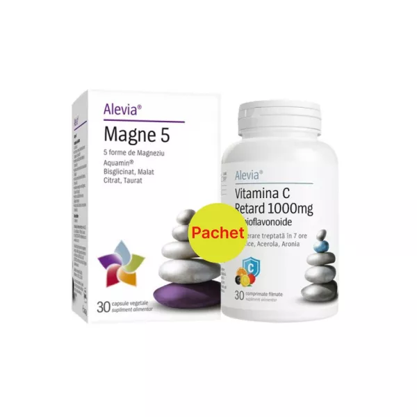 Pachet: Magne 5, 30 capsule vegetale + Vitamina C Retard cu Bioflavonoide, 30 comprimate, Alevia