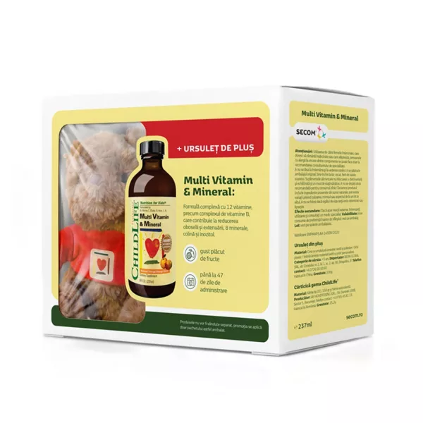 Pachet: Multivitamine si minerale pentru copii Childlife Essentials, 237 ml+Ursulet de plus, Secom