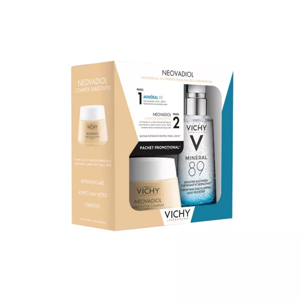 Pachet: Neovadiol Complex Substitutiv Crema ten uscat, 50ml + Gel-booster zilnic Mineral 89 cu efect de hidratare, fortifiere si reumplere, cu acid hialuronic, 50 ml, Vichy