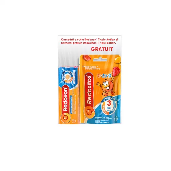 Pachet: Redoxon Triple Action Vitamina C, D si Zinc, 10 comprimate + Jeleuri cu vitamina C 30 mg Redoxitos Triple Action, 25 bucati, Bayer