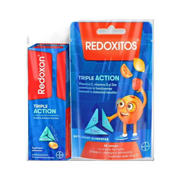 Pachet: Redoxon Triple Action Vitamina C, D si Zinc, 10 comprimate + Jeleuri cu vitamina C 30 mg Redoxitos Triple Action, 25 bucati, Bayer